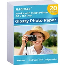 Glossy Photo Paper 20 Sheets 8.3x11.7 Inch Inkjet Printer Paper Instant Dry