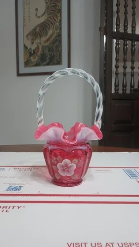 Fenton Art Glass Cranberry Opalescent Open Heart Arches Basket Brenda Montgomery