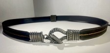 Chicos Size ML 19-38" Black Leather Belt Hammered Metal Closure Stitching