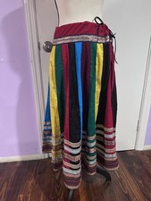 Colorful Patchwork Maxi Skirt Ribbon Trim Boho Festival Drawstring