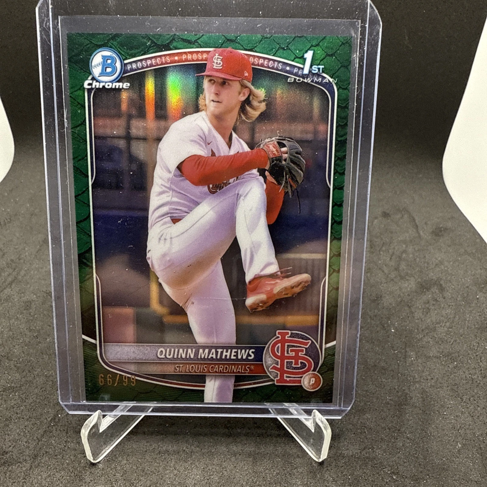 2025 Bowman Chrome Quinn Mathews 1st Bowman Reptilian GREEN /99 Refractor BCP-25