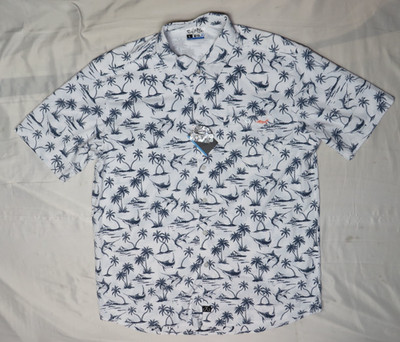 SALT LIFE SLX MENS L BUTTON FRONT WHITE SS SHIRT MARLIN ISLAND PALM STRETCH NEW