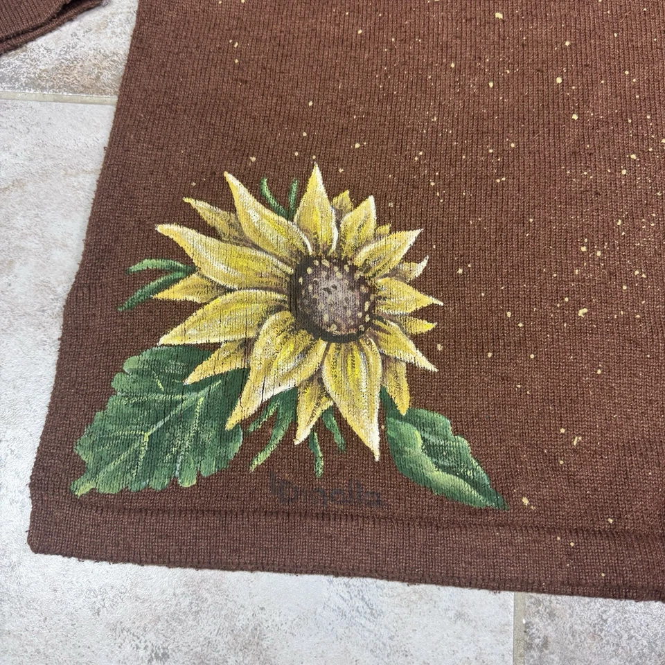 Vintage Sweater Womens Medium Brown Knit Minimalist Hand Painted Floral Silk - Image 3 of 4