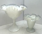 Vintage Fenton Lot Milk Glass Silver Crest Compote & Vase Crimped Ruffled