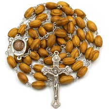 Olive Wood Rosary Catholic Prayer Necklace with Crucifix, Holy Soil Medal, Gi...