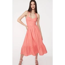 Bardot RIRI Halter Tiered Linen Blend Midi Dress Melon Coral Pink L NWT $139