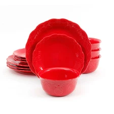 The Pioneer Woman Cowgirl Lace 12-Piece Dinnerware Set, Red