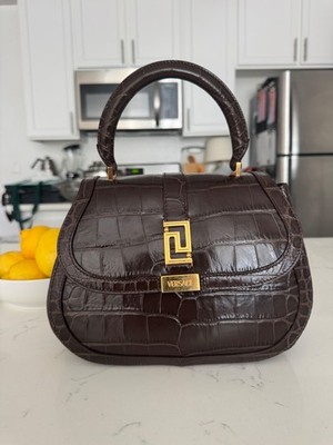 Versace Greca Goddess Croc effect Bag Large chocolate calfskin