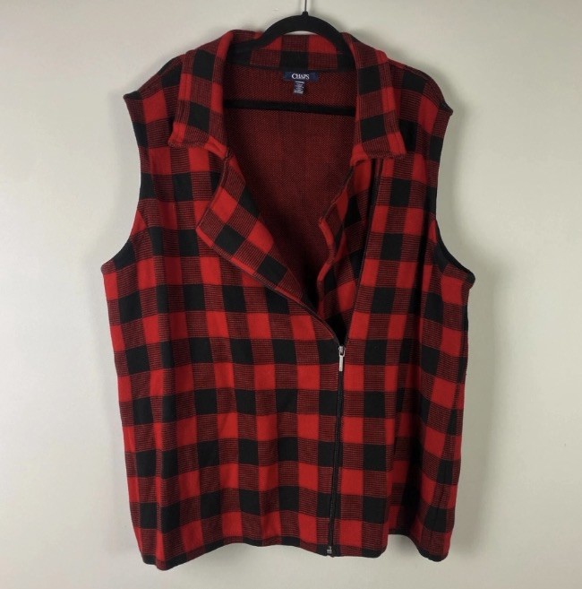 Chaps Buffalo Plaid Vest Womens 3X Black Red Asymmetric Zip