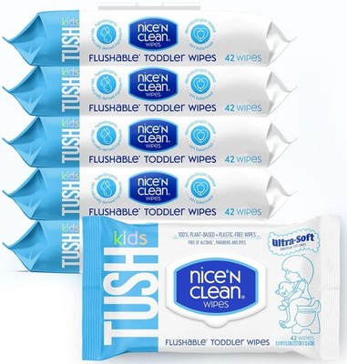 Flushable Toddler Wipes 42ct (6-Pack) | 100% Plant-Based, Unscented Wet Wipes 