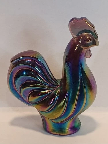 Fenton Handmade Carnival Glass Mini Rooster Figurine Iridescent Purple Chicken ♡