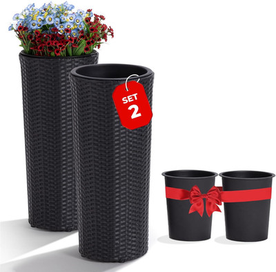 Idzo All Weather Wicker Planters for Outdoor Plants Set of 2, 24 Inch Tall Black