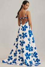 Anthropologie SAU LEE Lucia Square-Neck Satin Maxi Dress 14 Blue Floral Romantic