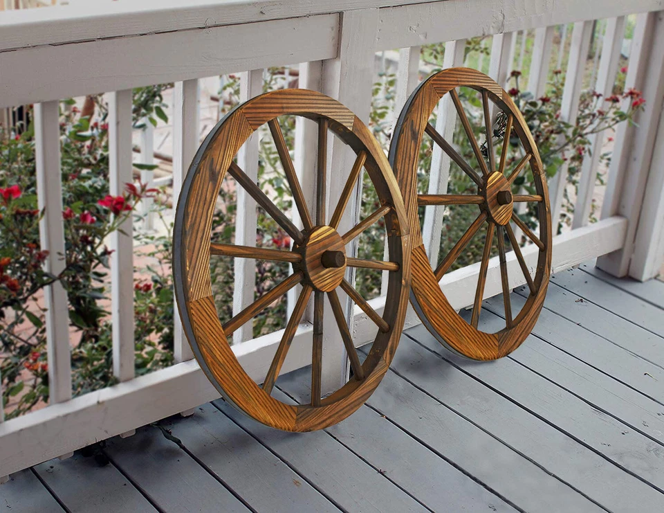 24 in Steel-rimmed Wooden Wagon Wheels - Decorative Wall Decor, Set of Two - Image 2 of 4