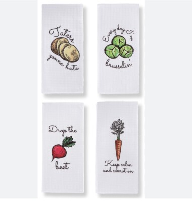 Punny Dish towels Veggie Puns Set Of 4 English Teacher Humorous NEW Housewarming