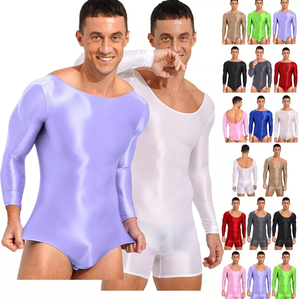 Mens Oil Glossy Stretchy Bodysuit Long Sleeve Unitard Jumpsuit Wrestling  Singlet