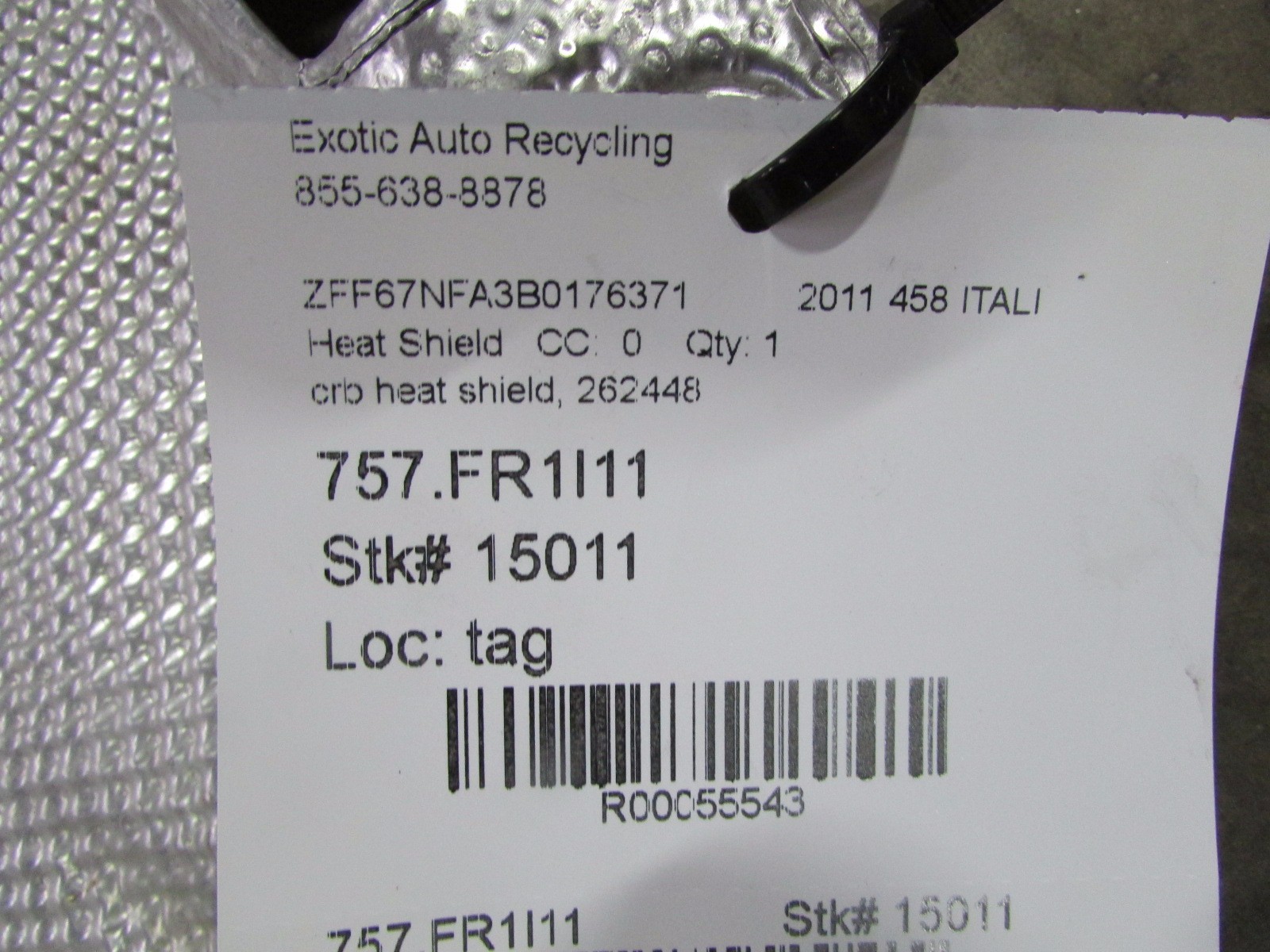 Ferrari 458 Italia, Speciale, Spider, CRB Heat Shield, Used, P/N 262448