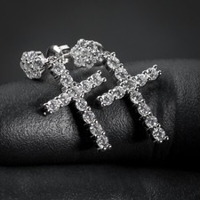 Mini Cluster Men's Hip Hop Sterling Silver Stud Cross Dangle Drop Hoop Earrings