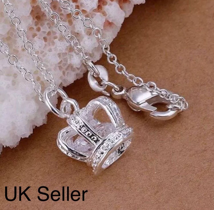 925 Sterling Silver Crown Necklace Crystal Tiara Princess Pendant 18