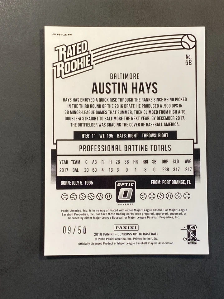 2018 Donruss Optic #58 Austin Hays 'Rated Rookie' Carolina Blue SSP /50 -Orioles - Image 3 of 3