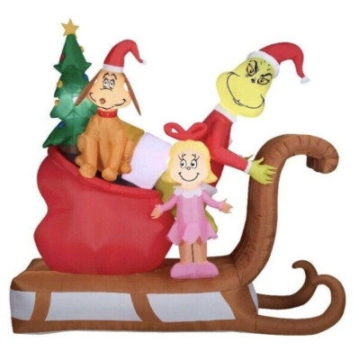 Christmas 9Ft The Grinch Cindy Lou Who & Max On Sleigh Inflatable Yard Decor NEW