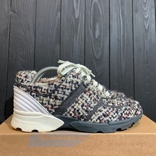 CHANEL GREY CC Wool Tweed and Leather Sneakers Size 39.5