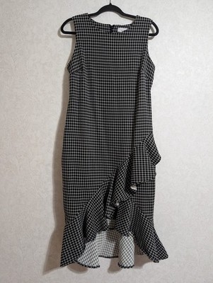 Calvin Klein Black Windowpane Plaid Ruffle Hi Lo Midi Sheath Dress Size 12