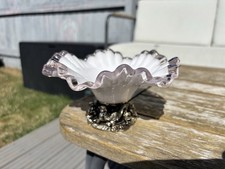 Vintage art bowl glass or opaline with pink rim and silver bird floral pedestal