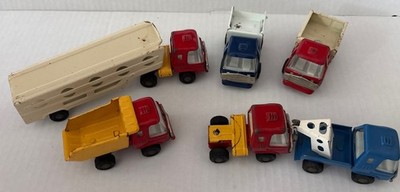 Vintage Toy Truck Garbage, Dump, Tow, Trailer Truck Pressed Steel Lot Of 6 Japan