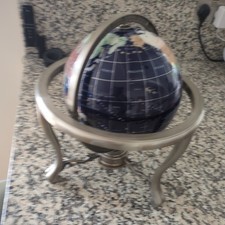 Large Semi Precious Gemstone 14" high World Globe with compass. nickle frame 