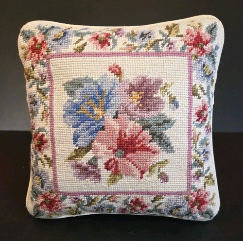 Vintage Needlepoint Pillow Victorian Floral Design Cream Velvet Back 10"x10"