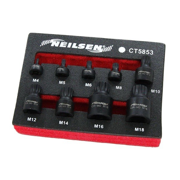 9pc Stubby Impact Spline Bit Socket Set M4 to M18 Low Profile in EVA Foam Tray