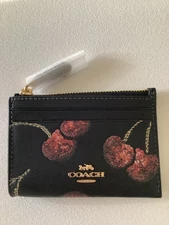 🍒Coach Black Mini Skinny Credit Card Id Case Cherry Print Leather Keychain NWT