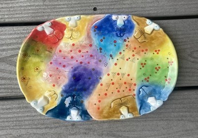 Studio Designworks Joy Cat Platter Hand Painted Ceramic Whimsical Cute Funny 12 