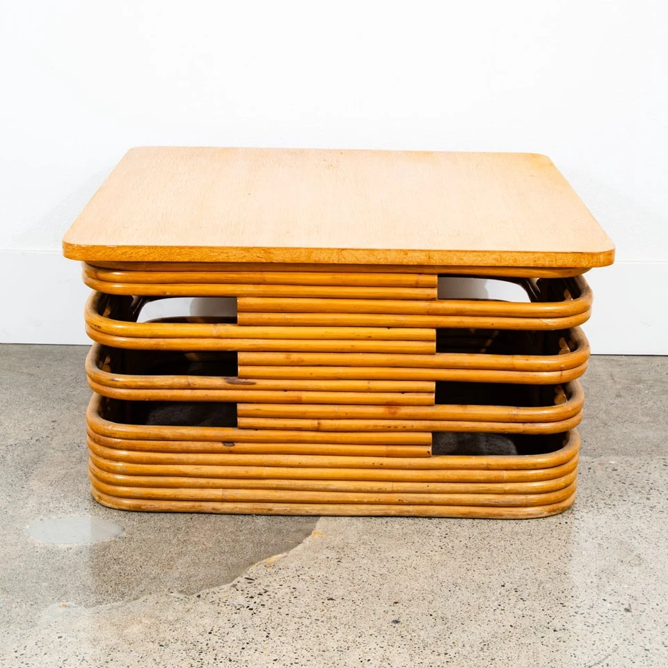 Mesa de centro moderna meados do século quadrada bambu Paul Frankl vime carvalho refinado - Imagem 3 de 4