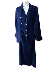 Vintage 80s Navy Blue Linen Double breasted Jacket Maxi Skirt 2 Piece Suit