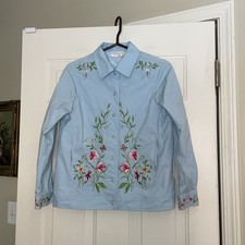 VICTOR COSTA Women's Medium Blue Embroidered Jacket Hidden Snap Close Stretch