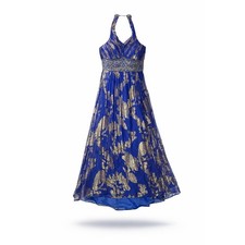 Sue Wong Nocturne Silk Blue Gold Halter Beaded Maxi Gown Dress Size 4 Formal