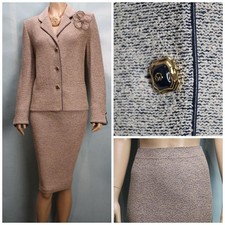ST. JOHN Collection White Navy Blue Jacket Skirt L Size 10 12 2pc Suit Buttons