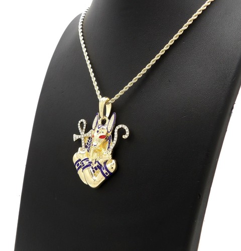 Iced Gold PT Egyptian Anubis Pendant & Box Cuban Rope Chain Hip Hop Necklace - Picture 33 of 43