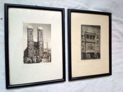 Paar Grafik Bilderrahmen um 1920 RADIERUNGEN-München Wien Glas 23,5 cm x 17,5 cm