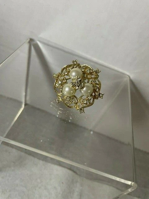 Gold Brooch with pearl and diamond stones Vintage Costume Jewelry Clip back pin Foto 4 de 4
