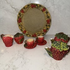 Vtg 90s STRAWBERRY Mini Tea Set Popular Imports Plates Pitcher Cups Saucer READ