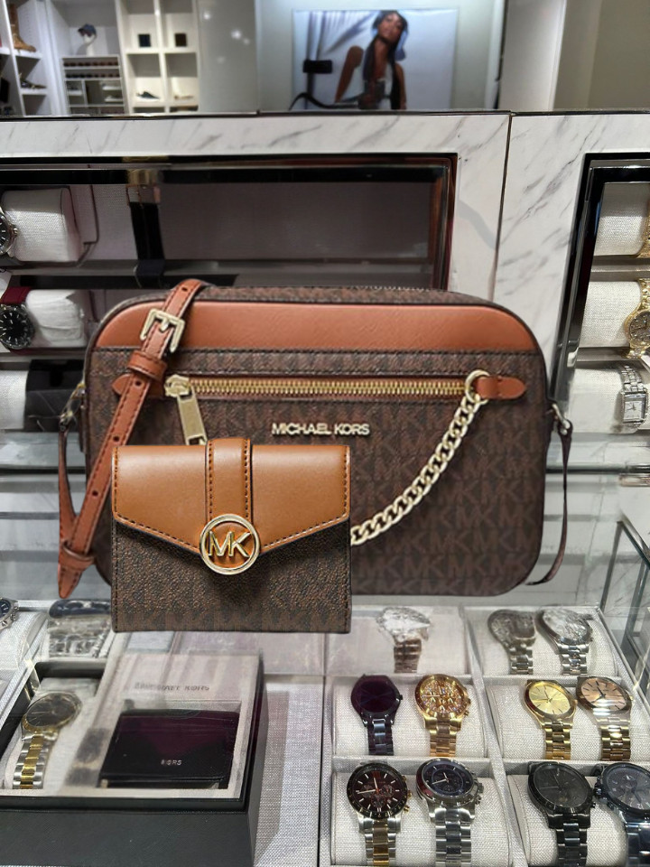 Michael Kors Brown MK Logo Zip Crossbody Purse Bag Flap Bifold