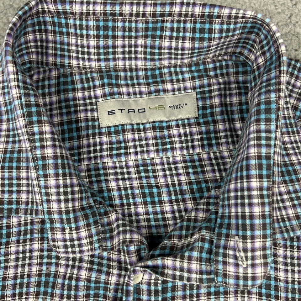 Etro Button Up Shirt Mens XL 46 Purple Blue Plaid Long Sleeve Button Up Italy - Image 3 of 4