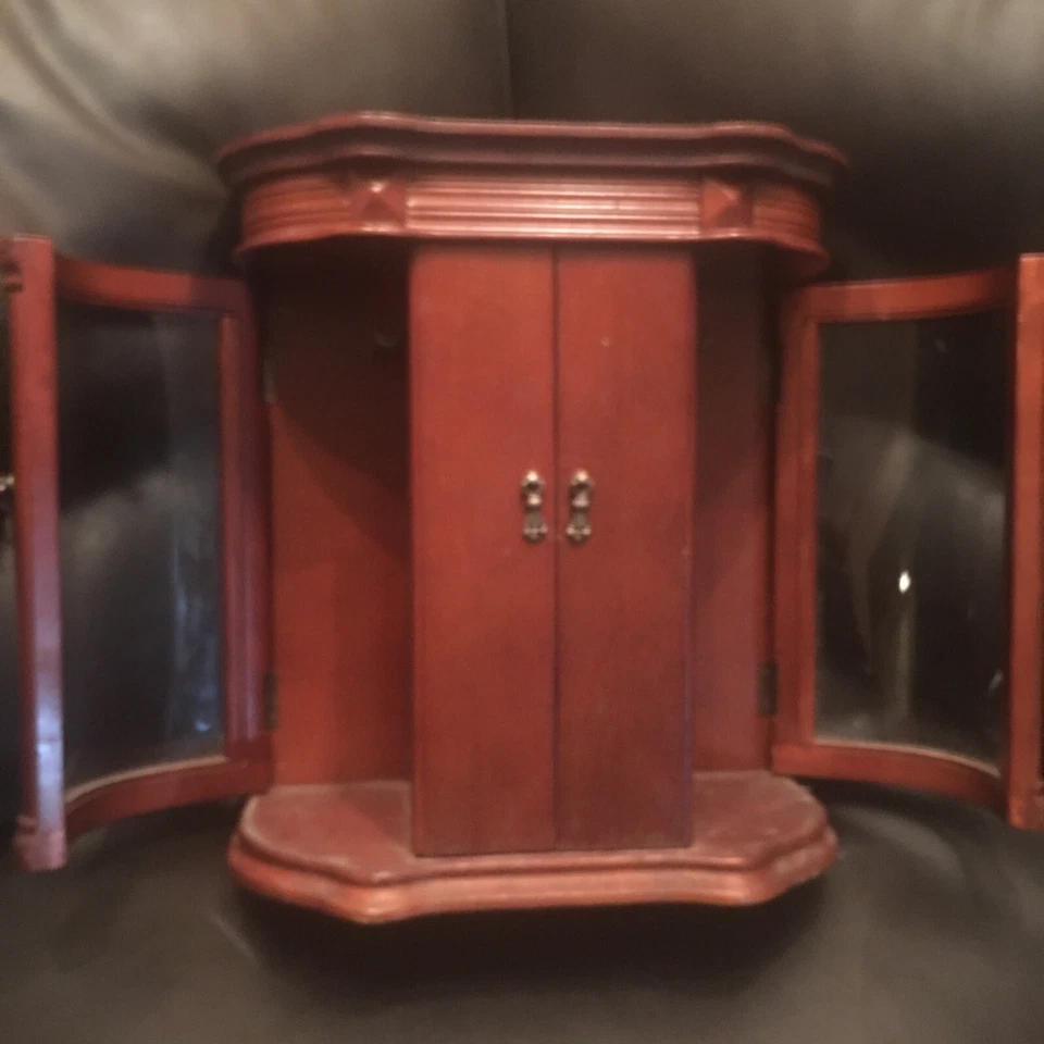 Real Wood Jewelry Box Armoire with 3 Drawers Lid w/ Mirror Tamboured Style Doors - Image 2 of 4
