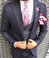DESIGNER BUSINESS BLUE MEN'S SUIT SPORT COAT MILLED WAISTCOAT FITTED SLIM FIT 46