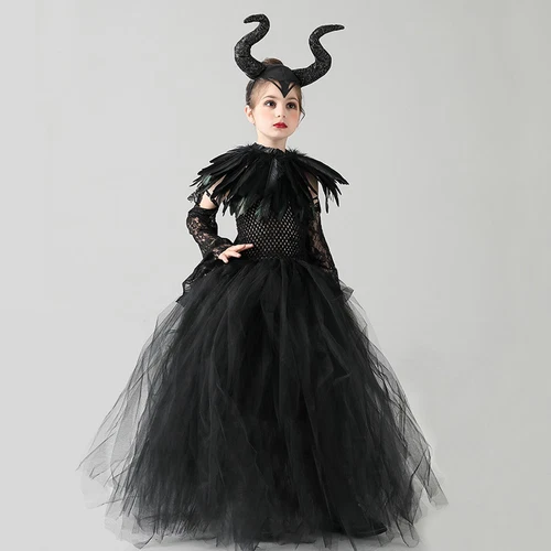 Kids Girls Maleficent Cosplay Costume 7Pcs Halloween Witch Fancy Dress Book Week - Bild 15 von 26