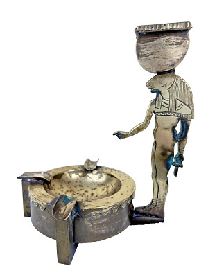 VTG Brass Egyptian Revival Style Ashtray Incense Goddess Sekhmet Figurine 8 7/8''