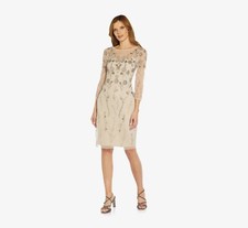 Adrianna Papell 3/4 Sleeve Embellished Sheath Dress Biscotti Size 4 $249